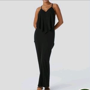 Halara V Neck Tie Back Ruched Maxi Slip Dress Black Goddess Small Strappy Black